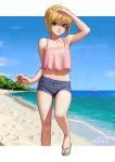  1boy ? artist_name bare_shoulders beach blonde_hair boku_no_pico camisole carlo_montie collarbone commentary crop_top crop_top_overhang day english_commentary eyebrows_visible_through_hair eyelashes flip-flops green_eyes highres horizon lips looking_at_viewer male-female_symbol male_focus midriff navel ocean outdoors outside_border pico sand sandals shading_eyes short_hair short_shorts shorts sky smile solo spaghetti_strap sunlight trap walking water 