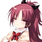 1girl ;&lt; absurdres bangs beige_shirt blush bow closed_mouth crossed_arms ears_visible_through_hair eyebrows_visible_through_hair highres long_hair long_sleeves looking_at_viewer mahou_shoujo_madoka_magica misteor one_eye_closed red_bow red_eyes red_neckwear redhead sakura_kyouko shirt solo white_background white_collar 