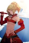  1girl aqua_eyes blonde_hair bra breasts choker detached_sleeves fate/apocrypha fate_(series) grin groin hair_ornament hair_scrunchie hand_on_hip highres holding holding_sword holding_weapon long_hair medium_breasts midriff mordred_(fate) mordred_(fate)_(all) navel ponita red_bra red_scrunchie red_skirt scrunchie skirt smile solo sparkle standing striped striped_bra sword under_boob underwear weapon 