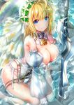  1girl aestus_estus ahoge barefoot belt blonde_hair blue_eyes breasts bridal_veil center_opening cleavage commentary_request detached_sleeves fate/extra fate/extra_ccc fate/grand_order fate_(series) full-length_zipper gorget hair_intakes head_wreath highres large_breasts leotard lock long_sleeves looking_at_viewer loose_belt medium_hair nero_claudius_(bride)_(fate) nero_claudius_(fate)_(all) ogata_tei padlock partially_submerged planted_sword planted_weapon puffy_long_sleeves puffy_sleeves showgirl_skirt smile solo strapless strapless_leotard sword veil weapon wet white_leotard zipper zipper_pull_tab 