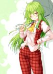  1girl ;) aka_tawashi ascot belt blush breasts commentary_request crescent eyebrows_visible_through_hair feet_out_of_frame green_background green_hair hair_between_eyes hand_on_hip head_tilt highres holding holding_umbrella index_finger_raised kazami_yuuka kazami_yuuka_(pc-98) long_hair long_sleeves medium_breasts navel one_eye_closed pants plaid plaid_pants plaid_vest red_eyes red_pants red_vest shirt silhouette smile solo standing touhou touhou_(pc-98) two-tone_background umbrella vest white_background white_shirt wing_collar yellow_neckwear 