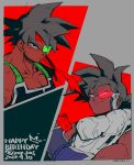  2018 2boys armor bandanna bardock black_background black_eyes black_hair commentary_request dated dragon_ball dragonball_z evil_smile fingernails floating food frown fruit grey_background happy_birthday holding kokusoji looking_at_viewer looking_away male_focus multiple_boys panels red_background red_bandana scouter serious short_hair simple_background smile spiky_hair tullece twitter_username upper_body 