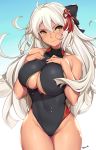  1girl bare_shoulders black_swimsuit blue_background blush breasts cleavage curvy fate/grand_order fate_(series) highres hips large_breasts long_hair looking_at_viewer okita_souji_alter_(fate) signature solo sweat swimsuit thick_thighs thighs tony_guisado under_boob white_hair wide_hips yellow_eyes 