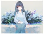  1girl blue_eyes blue_flower blue_skirt book closed_mouth commentary_request dated eyebrows_visible_through_hair flower grey_hair grey_sweater kisei2 long_hair long_sleeves looking_at_viewer open_book original purple_flower sitting skirt smile solo sweater 