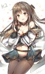  1girl :d bangs blush breasts brown_eyes brown_hair buckle character_name cleavage collarbone commentary_request crop_top dated eyebrows_visible_through_hair ginn_(hzh770121) girls_frontline gloves hair_ornament hairclip hands_together hands_up heart highres jacket k-2_(girls_frontline) long_hair looking_at_viewer medium_breasts midriff miniskirt musical_note navel off_shoulder open_mouth panties pantyhose partly_fingerless_gloves pouch side_ponytail signature sketch skirt smile solo suspenders underwear 