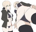  artoria_pendragon_(all) artoria_pendragon_(swimsuit_rider_alter) bikini black_bikini black_jacket black_legwear fate/grand_order fate_(series) foreshortening frilled_bikini_top from_below hood hoodie jacket navel open_clothes open_hoodie shiseki_hirame swimsuit thigh-highs 