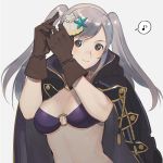  1girl bikini breasts brown_gloves cape cleavage cute female_my_unit_(fire_emblem:_kakusei) fire_emblem fire_emblem:_kakusei fire_emblem_heroes gloves hair_ornament intelligent_systems kyufe long_hair musical_note my_unit_(fire_emblem:_kakusei) nintendo o-ring_bikini parted_lips reflet seashell seashell_hair_ornament shell simple_background smile solo spoken_musical_note super_smash_bros. swimsuit twintails upper_body white_hair 