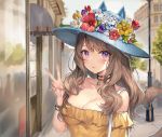  1girl bare_shoulders blurry bracelet breasts brown_hair choker cleavage depth_of_field eyebrows_visible_through_hair facial_mark final_fantasy final_fantasy_xiv flower hat hat_flower jewelry large_breasts long_hair looking_at_viewer miqo&#039;te momoko_(momopoco) nail_polish off-shoulder_shirt outdoors parted_lips pendant shirt sidelocks slit_pupils solo sun_hat tail upper_body v violet_eyes 