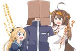  1boy 2girls admiral_(kantai_collection) ahoge blonde_hair blue_eyes blue_sailor_collar box box_on_head brown_eyes brown_hair commentary_request detached_sleeves double_bun dress enjaku_izuku hairband hat headgear highres japanese_clothes jervis_(kantai_collection) kantai_collection kongou_(kantai_collection) long_hair multiple_girls nontraditional_miko open_mouth ribbon-trimmed_sleeves ribbon_trim sailor_collar sailor_dress sailor_hat short_sleeves simple_background smile translation_request upper_body upper_teeth white_background white_hat 