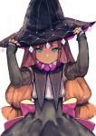  1girl back_bow black_skirt blue_eyes bow brown_hair closed_mouth commentary_request detached_sleeves hands_on_headwear hands_up hat high-waist_skirt long_hair low-tied_long_hair original pink_bow sibyl skirt sleeves_past_wrists solo witch_hat 