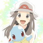  1girl :d bare_shoulders blue_(pokemon) blush brown_eyes brown_hair commentary_request gen_1_pokemon hat kanade_(10_ko_nama) looking_at_viewer no_nose open_mouth pokemon pokemon_(creature) pokemon_(game) pokemon_frlg smile solo squirtle upper_body white_hat 