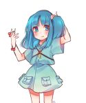  1girl :q absurdres arm_up blue_dress blue_eyes blue_hair blush commentary_request cowboy_shot dress hair_bobbles hair_ornament hand_up highres holding holding_hair holding_hair_ornament kawashiro_nitori key looking_at_viewer no_hat no_headwear one_side_up pocket shan short_dress short_hair short_sleeves simple_background solo standing tongue tongue_out touhou tying_hair white_background 