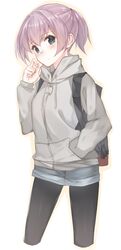  1girl backpack bag black_legwear blue_eyes cowboy_shot eyebrows_visible_through_hair grey_hoodie hand_in_pocket inorin05kanae kantai_collection looking_at_viewer pantyhose pink_hair ponytail shiranui_(kantai_collection) short_hair shorts simple_background solo white_background 