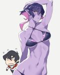  1boy 1girl arched_back armpits ban bikini black_hair character_request collarbone copyright_request erect_nipples facial_mark frown hand_behind_head highres keith_(voltron) lips looking_at_viewer mother_and_son multicolored_hair navel parted_lips purple_hair purple_skin simple_background swimsuit two-tone_hair violet_eyes voltron:_legendary_defender wide_hips 