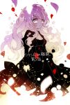  1girl big_hair black_dress blush chino_machiko closed_mouth copyright_request dress holding juliet_sleeves long_hair long_sleeves petals puffy_sleeves purple_hair rose_petals solo translated violet_eyes 
