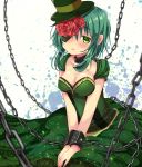  1girl blush breasts chained chains cleavage collarbone dress eyepatch flower frown green_dress green_eyes green_hair green_hat gumi hair_flower hair_ornament hands_on_lap hands_together hat highres kasane_(cynthia) looking_at_viewer medium_breasts medium_hair open_mouth red_flower red_rose rose solo vocaloid 