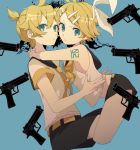  &gt;:/ &gt;:t 1boy 1girl aqua_eyes arm_tattoo arms_around_neck bare_arms bare_shoulders blonde_hair bow brother_and_sister cheek-to-cheek crop_top eiku flat_chest frown gun hair_bow hair_ornament hairclip highres hug kagamine_len kagamine_rin looking_at_viewer midriff neckerchief necktie number_tattoo pout puffed_cheeks sailor_collar shirt short_hair short_ponytail shorts siblings sleeveless sleeveless_shirt tattoo twins vocaloid weapon yellow_neckwear 