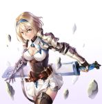  1girl armor belt blonde_hair breasts brown_eyes closed_mouth djeeta_(granblue_fantasy) eyebrows_visible_through_hair fingerless_gloves gauntlets gloves granblue_fantasy hair_between_eyes hairband holding holding_sword holding_weapon kuro_emimi looking_at_viewer medium_breasts miniskirt pleated_skirt rock sheath sheathed skirt smile solo sword thigh-highs v-shaped_eyebrows weapon white_background white_skirt 
