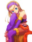  1girl arabian_clothes bare_shoulders blonde_hair blue_eyes bridal_gauntlets brown_legwear choker circlet closed_mouth collarbone dragon_quest dragon_quest_xi earrings eyelashes hair_slicked_back hairband highres jewelry leggings long_hair looking_at_viewer moyamu pantyhose purple_choker purple_hairband purple_legwear sandals senya_(dq11) simple_background sitting smile solo straight_hair white_background 
