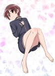  1girl bangs bare_legs barefoot blush brown_eyes brown_hair closed_mouth commentary_request dot_nose hand_on_own_chest knees_together_feet_apart long_sleeves looking_at_viewer lying miyanaga_saki naked_coat on_back petals pink_x saki short_hair smile solo 