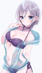  1girl anastasia_(idolmaster) bangs bare_shoulders bikini blue_eyes blush breasts cleavage closed_mouth collarbone eyelashes hair_between_eyes highres hips idolmaster idolmaster_cinderella_girls jewelry looking_at_viewer medium_breasts misumi_(macaroni) navel necklace purple_bikini short_hair side-tie_bikini silver_hair simple_background solo swimsuit waist white_background 