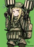  1girl backpack bag blonde_hair brown_eyes commentary_request dual_wielding explosive fukaziroh_(sao) gloves green_background grenade grenade_launcher grin gun helmet holding holding_gun holding_weapon hong_(white_spider) jacket long_hair military military_uniform notice_lines pantyhose patreon_username signature simple_background smile solo standing sword_art_online sword_art_online_alternative:_gun_gale_online trigger_discipline uniform weapon 