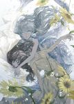  2girls brown_hair bubble closed_eyes crying crying_with_eyes_open daisy dress fins flower grey_eyes grey_hair head_hug highres kakmxxxny06 long_hair looking_at_viewer mermaid monster_girl multiple_girls original scales tears yuri 