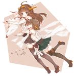  2girls ahoge artist_name bare_shoulders black_skirt boots brown_hair closed_eyes cup detached_sleeves double_bun full_body green_skirt headgear heart hiei_(kantai_collection) highres holding holding_cup hug hug_from_behind inorin05kanae kantai_collection kongou_(kantai_collection) long_hair looking_at_another multiple_girls nontraditional_miko open_mouth plaid plaid_skirt pleated_skirt remodel_(kantai_collection) sarashi short_hair skirt thigh-highs thigh_boots 