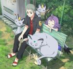  1boy 1girl :3 acerola_(pokemon) alolan_form alolan_meowth alolan_persian black_jacket black_pants chain-link_fence closed_eyes closed_mouth dress fence gen_7_pokemon grey_hair jacket jewelry kuchinashi_(pokemon) mimikyu necklace pants pippi_(pixiv_1922055) pokemon pokemon_(creature) purple_dress purple_hair red_eyes red_shirt sandals shirt sitting smile vending_machine 