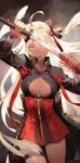  1girl ahoge breasts cleavage cleavage_cutout collarbone dark_skin fate/grand_order fate_(series) hair_ornament hair_over_one_eye hair_ribbon highres jacket katana long_hair majin_saber okita_souji_alter_(fate) open_mouth ribbon salmon88 sheath solo sword thigh_strap unsheathing weapon white_hair yellow_eyes 