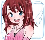  1girl :d bangs bare_shoulders blue_eyes collarbone eyebrows_visible_through_hair eyelashes hair_between_eyes jewelry kairi_(kingdom_hearts) kingdom_hearts kingdom_hearts_ii looking_at_viewer miki_masao necklace open_mouth redhead smile solo sparkle teeth upper_body 