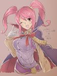  1girl aiueo1234853 bow cape cosplay fire_emblem fire_emblem:_kakusei fire_emblem_echoes:_mou_hitori_no_eiyuuou fire_emblem_heroes gloves henry_(fire_emblem) henry_(fire_emblem)_(cosplay) highres long_hair long_sleeves mae_(fire_emblem) one_eye_closed open_mouth pink_hair red_bow red_eyes solo twintails white_gloves 