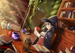 1girl basket bite_mark blurry blush book book_stack bookmark bookshelf bottle chair cloak depth_of_field door dutch_angle eyebrows_visible_through_hair food fruit hair_between_eyes hat holding holding_fruit indoors kuro_emimi lid long_hair long_sleeves looking_at_viewer open_book original parted_lips plant scroll shadow sitting solo sunlight sweatdrop wavy_mouth witch witch_hat wooden_floor 