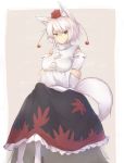  1girl alder animal_ears breasts brown_eyes closed_mouth crossed_arms detached_sleeves hat highres inubashiri_momiji large_breasts long_skirt looking_at_viewer red_hat short_hair skirt smile socks solo tail thick_eyebrows tokin_hat touhou white_hair white_legwear wolf_ears wolf_tail 