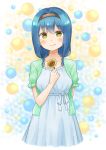  1girl blue_hair braid bubble_background casual collarbone commentary_request dokka_no_kuni_no_kokuou flower furutani_himawari hairband highres namesake smile solo sunflower twin_braids yellow_eyes yuru_yuri 