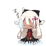  1girl :3 ahoge arm_guards bangs beni_shake black_bow black_coat black_legwear bow breasts chibi cleavage closed_eyes closed_mouth commentary_request dark_skin dress facing_viewer fate/grand_order fate_(series) full_body hair_bow hair_ornament koha-ace long_hair medium_breasts okita_souji_(alter)_(fate) okita_souji_(fate)_(all) red_dress shadow short_sleeves silver_hair sleeping sleeping_upright solo standing tassel thigh-highs very_long_hair white_background wide_sleeves zzz 