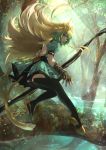 1girl animal_ears atalanta_(fate) backless_outfit black_panties blade blonde_hair bow_(weapon) cat_ears cat_tail day dress fate/apocrypha fate_(series) forest full_body gauntlets green_dress green_eyes green_hair highres holding holding_bow_(weapon) holding_weapon kaze_minoru_so-ru looking_back multicolored_hair nature open-back_dress open_mouth outdoors panties pixiv_fate/grand_order_contest_2 short_dress solo tail tree two-tone_hair underwear weapon 