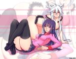  2016 2girls 5-ish all_fours animal_ears artist_name bakemonogatari black_bra black_hanekawa black_legwear black_panties bra breasts cat_ears cleavage closed_mouth commentary hanekawa_tsubasa large_breasts lingerie loafers long_hair medium_breasts monogatari_(series) multiple_girls nekomonogatari orange_eyes panties purple_hair red_panties school_uniform senjougahara_hitagi shoes skirt thigh-highs underwear very_long_hair violet_eyes white_hair 