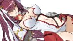  1girl breasts brown_eyes center_opening chainmail cleavage clothes_pull cosplay erect_nipples fate/grand_order fate_(series) gauntlets gloves hair_intakes hair_ribbon large_breasts long_hair navel pupps purple_hair ribbon saint_martha saint_martha_(cosplay) scathach_(fate/grand_order) simple_background solo thigh-highs white_background 