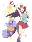  1girl ;d agata_(agatha) aqua_legwear aqua_shirt arm_up blue_(pokemon) brown_eyes brown_hair gen_1_pokemon hat highres holding holding_poke_ball leg_up loose_socks miniskirt one_eye_closed open_mouth poke_ball poke_ball_(generic) pokemon pokemon_(creature) pokemon_(game) pokemon_frlg red_skirt shirt skirt smile sparkle squirtle standing standing_on_one_leg straight_hair super_smash_bros. tank_top teeth white_hat wristband 