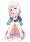  1girl bangs blue_eyes blush bow eromanga_sensei eyebrows_visible_through_hair frilled_shorts frills full_body hair_between_eyes hair_bow head_tilt highres holding holding_pen izumi_sagiri komarin long_hair pen pink_bow pink_shorts shorts silver_hair simple_background sitting solo white_background white_footwear 