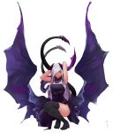  1girl absurdres armpits belt black_legwear closed_mouth commentary dress english_commentary grey_hair hair_over_one_eye hands_up highres horns less long_hair original purple_dress red_eyes short_dress signature simple_background smile solo spread_wings squatting tail thigh-highs two-two_tails white_background wings 