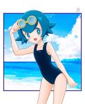  1girl blue_eyes blue_hair blue_sky clouds day goggles goggles_on_head highres kouduki0213 one-piece_swimsuit open_mouth pokemon pokemon_(game) pokemon_sm short_hair sky solo suiren_(pokemon) swimsuit trial_captain water 
