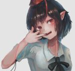  1girl black_hair finger_in_mouth fjsmu hand_to_own_mouth hand_up hat head_tilt highres looking_at_viewer mouth_pull neck_ribbon pointy_ears red_eyes ribbon shameimaru_aya short_hair simple_background smile solo teeth tokin_hat touhou upper_body white_background 