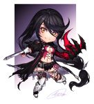  1girl artist_request bandage bandaged_arm belt black_choker black_hair breasts chibi choker claws collarbone highres long_hair looking_at_viewer medium_breasts navel simple_background smile solo tales_of_(series) tales_of_berseria torn_clothes under_boob velvet_crowe very_long_hair yellow_eyes 