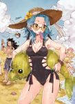  2boys 2girls ball barefoot beach beachball bikini black_hair black_swimsuit blonde_hair blue_hair blue_sky bracelet breasts brown_hat casual cleavage closed_eyes clouds collarbone day fairy_tail flower food gajeel_redfox grey_ribbon grey_shorts grin groin hair_ornament hair_scrunchie hat hat_flower hat_ribbon highleg highleg_swimsuit holding holding_food ice_cream jewelry levy_mcgarden long_hair looking_away lucy_heartfilia medium_breasts mouth_hold multiple_boys multiple_girls natsu_dragneel o-ring_swimsuit outdoors pantherlily pink_hair red_scrunchie ribbon rimless_eyewear rusky scrunchie shorts sideboob signature sitting sky smile solo_focus standing straw_hat sun_hat sunglasses swimsuit swimwear tattoo twintails wet wristband yellow_flower 