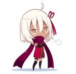  1girl =3 ahoge bangs beni_shake black_gloves black_legwear brown_eyes chibi commentary_request crossed_arms dark_skin dress elbow_gloves eyebrows_visible_through_hair fate/grand_order fate_(series) full_body gloves hair_between_eyes hair_ribbon koha-ace looking_at_viewer okita_souji_(alter)_(fate) okita_souji_(fate)_(all) red_dress red_ribbon red_scarf ribbon scarf shadow silver_hair solo standing thigh-highs thigh_strap visible_air white_background 