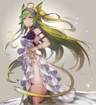  1girl ahoge alternate_costume animal_ears armlet atalanta_(fate) bare_shoulders blush bracelet cat_ears cat_tail choker closed_mouth commentary dress fate/grand_order fate_(series) floating_lights frills from_side gradient_hair green_eyes green_hair hair_ornament highres jewelry kakage legs long_hair multicolored_hair skirt skirt_lift tail thighs two-tone_hair white_dress 