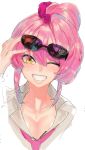  1girl :d breasts cleavage eyewear_on_head hand_up idolmaster idolmaster_cinderella_girls jougasaki_mika necktie one_eye_closed open_mouth pink_hair pink_neckwear simple_background smile solo suisogenshi sunglasses white_background yellow_eyes 