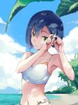  1girl bangs bare_shoulders beach blue_hair blue_sky breasts clouds cloudy_sky collarbone copyright_name darling_in_the_franxx dated day green_eyes ha_neko hair_between_eyes hair_ornament hairclip ichigo_(darling_in_the_franxx) looking_to_the_side navel ocean open_mouth outdoors short_hair signature sky small_breasts solo standing sunlight swimsuit teeth tree water 